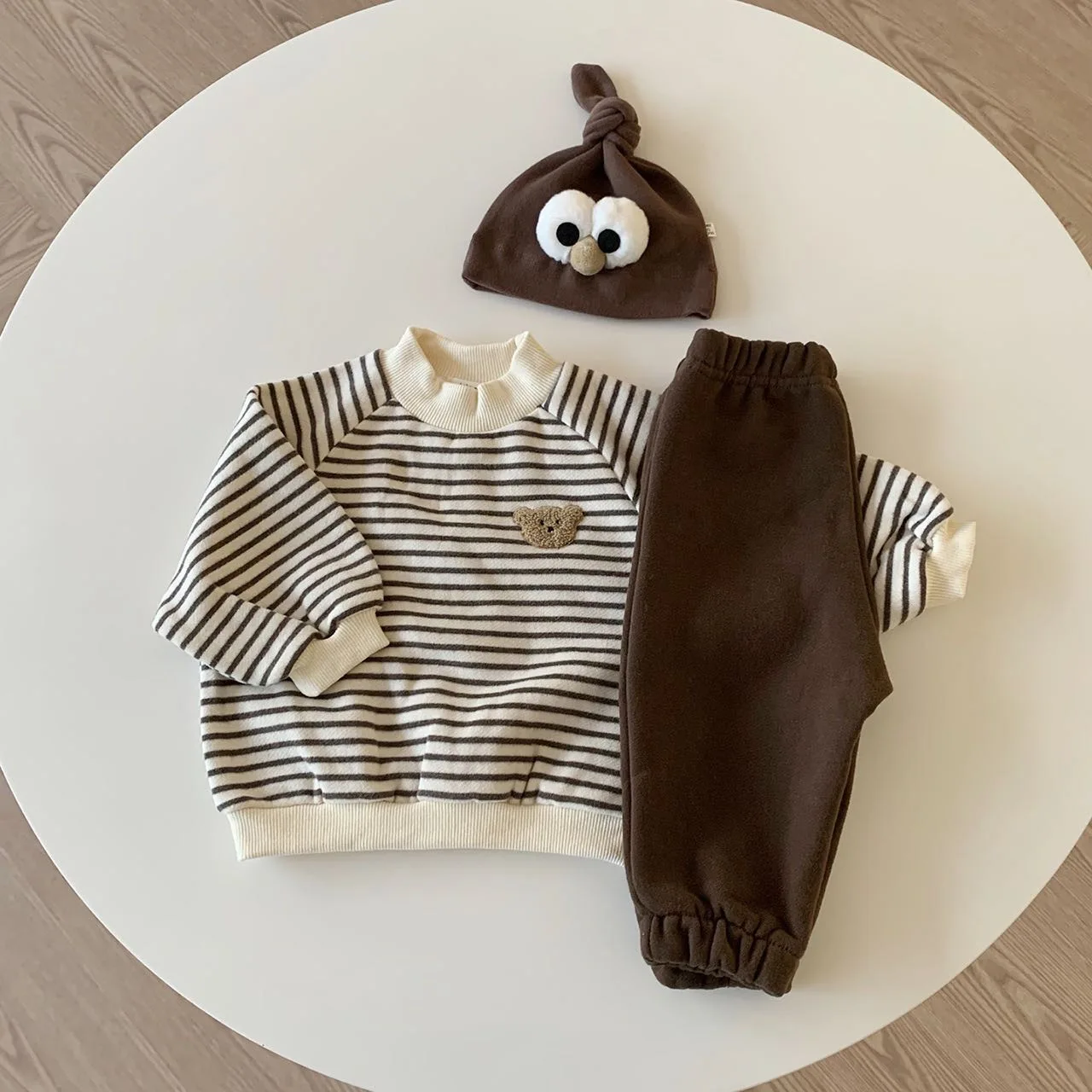 2023 Winter Fall New in Kids Baby Boys Full Sleeve Striped Cartoon Bear Top Sweatshirts Solid Pants Infant Thick Plush Clothing