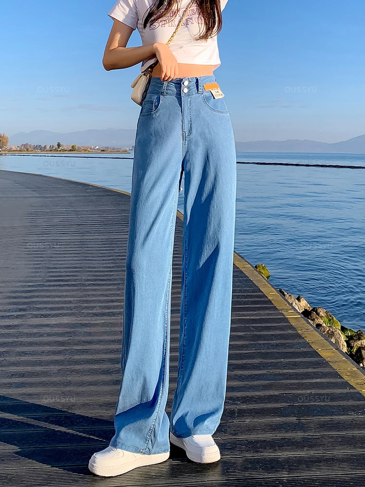 Brand Clothing Summer Soft Natural Lyocell Fabric Women\'s Jeans Thin Baggy Straight Denim Pants High Waist Casual Trouser Female