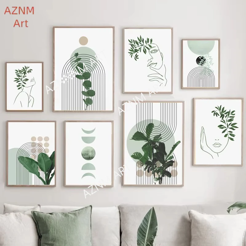 1pc Boho Grüne Blätter Sonne Linien Regenbogen Mädchen Wand Kunst Leinwand Malerei Abstrakte Poster & Drucke Bilder Für Wohnzimmer decor