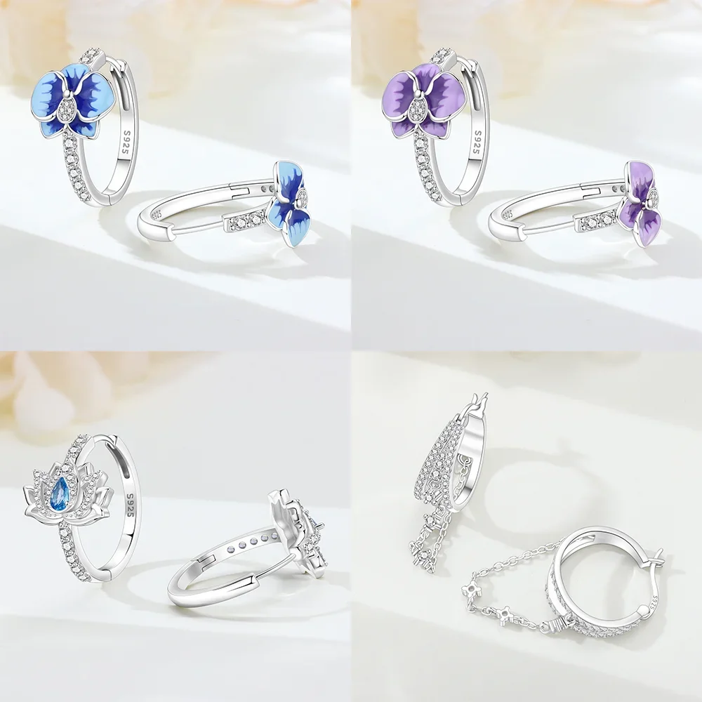 Woman Earrings 925 Silver Blue Zircon Iris Green Four-leaf Clover Leaf Star Moon Hoop Earrings for Party Birthday Jewelry Gifts