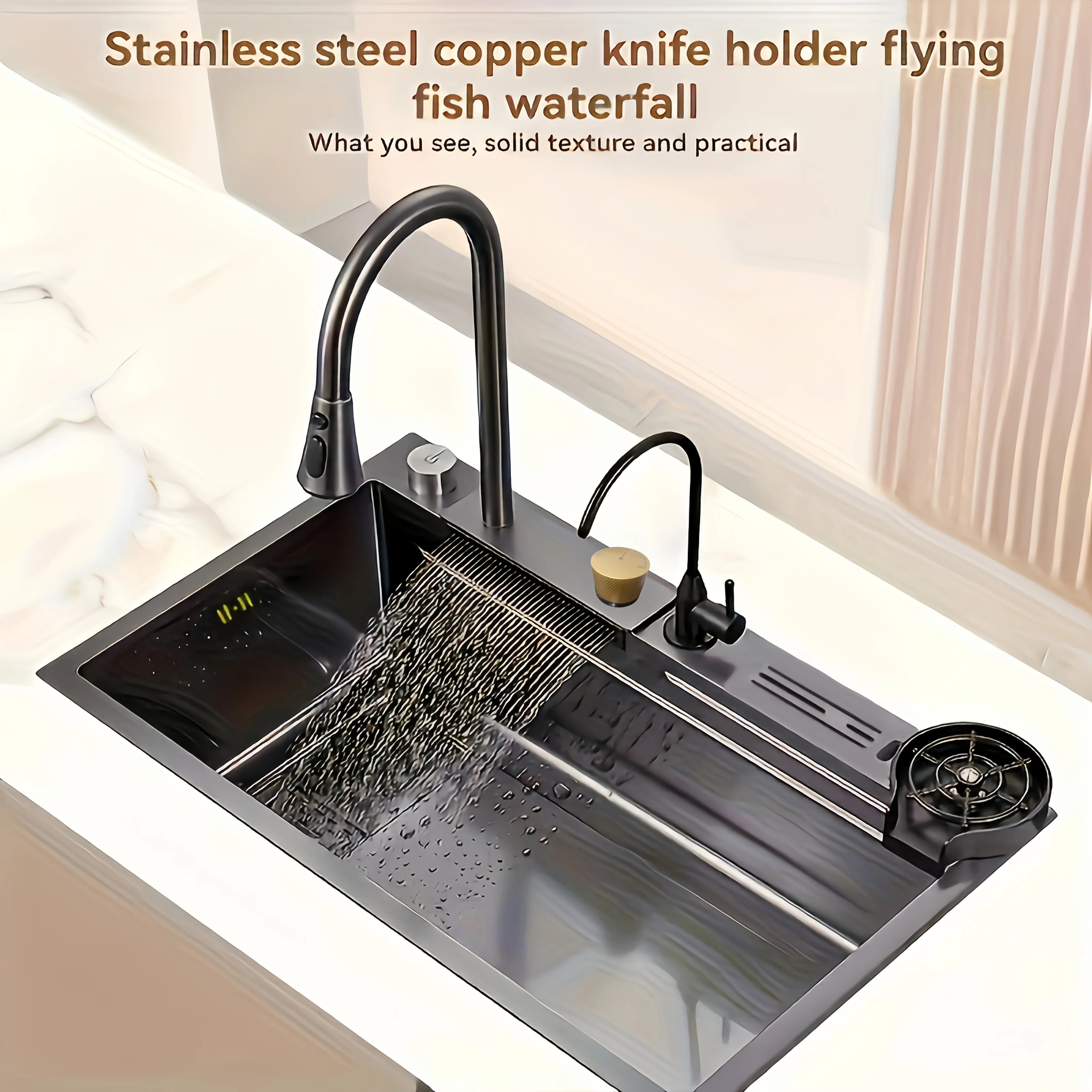 Modern Double Bowl Kitchen Sink – Stainless Steel Undermount with Fast Drainage, Tool Holder & Waterfall Rinse