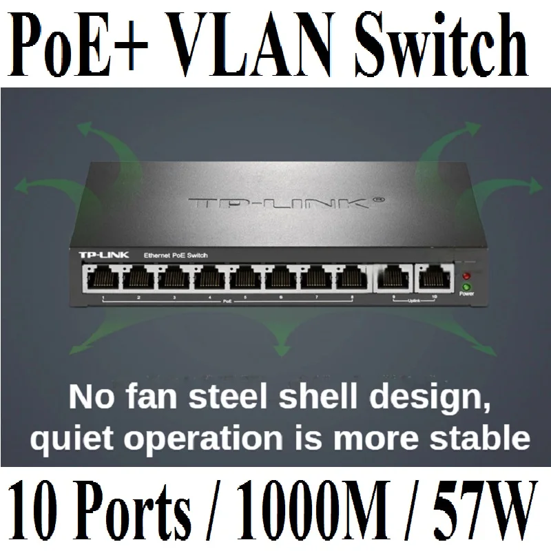 

802.3at/af 57W 10 Ports 1000Mbps Ethernet Switch 8 PoE+ ports power to IP camera,wireless AP, 10-port RJ45 Gigabit PoE Switch