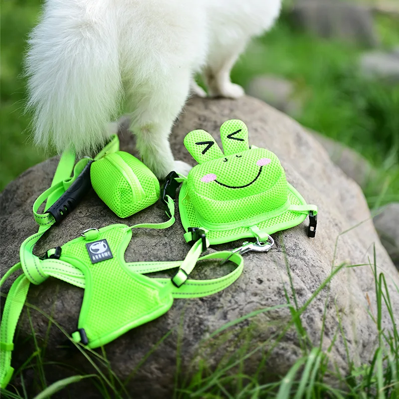 Dog Harness Saddle Bag Backpack Puppy Cat Traction Rope Dog Leashes Chest Strap Comfortable Adjustable Puppy Mesh Vest Cute Frog