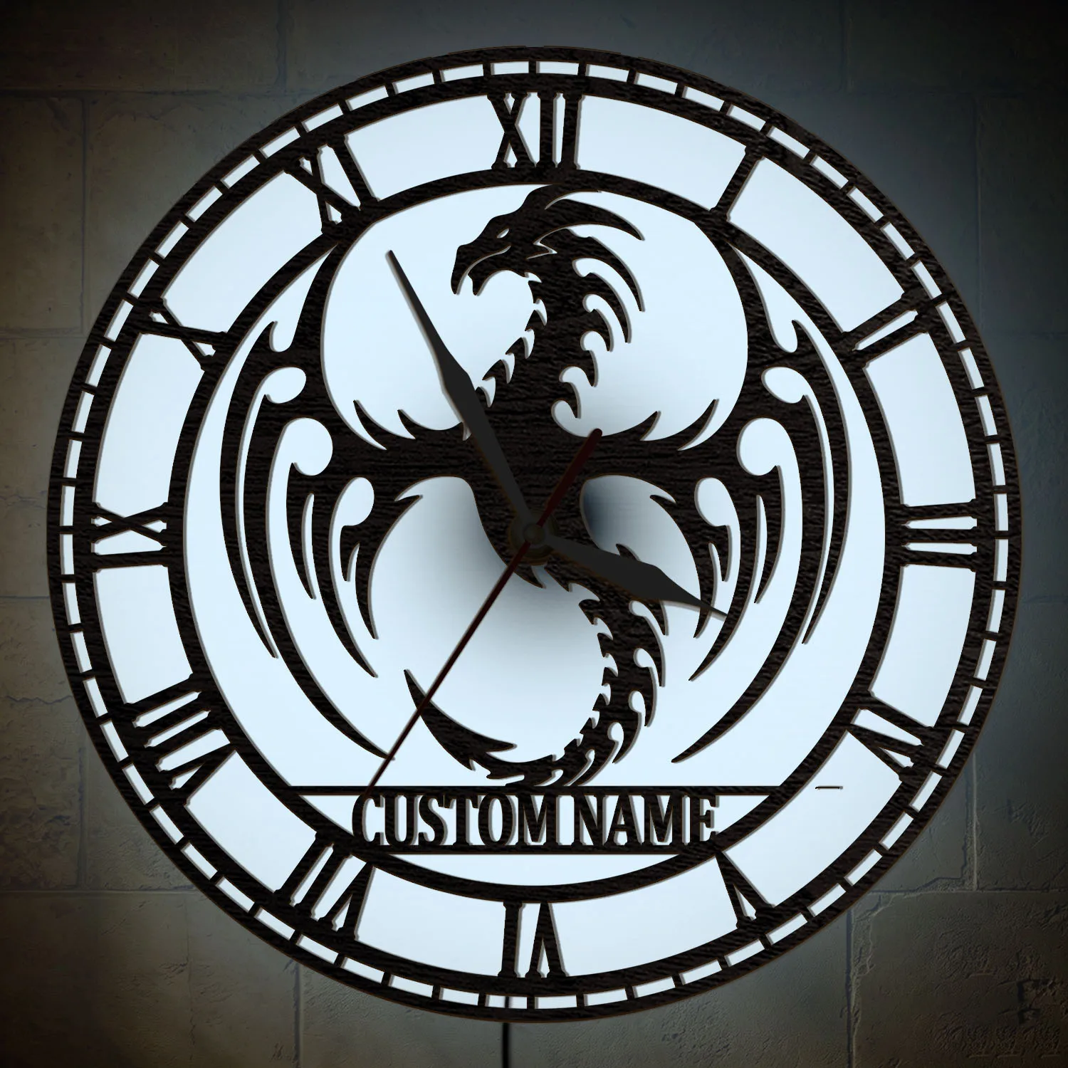 Personalized Dragon LED Night Light Wall Clock for Man Cave Game Room Fantasy Wall Decor Illuminated Wooden Clock Glow in Dark