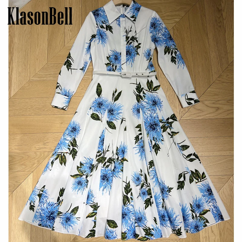 

5.6 KlasonBell New Arrival Blue Flower Print Lapel Long Sleeve Dress Women Temperament Elegant With Sashes Cotton Maxi Dress