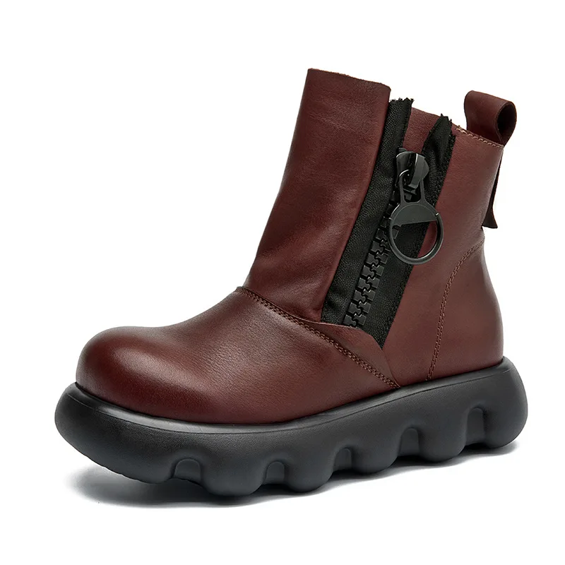 

Короткие женские ботинки на плоской платформе с большими молниями 4,5 см. Роскошные женские туфли из натуральной кожи на толстом каблуке. Роскошные ботинки с большим носком.