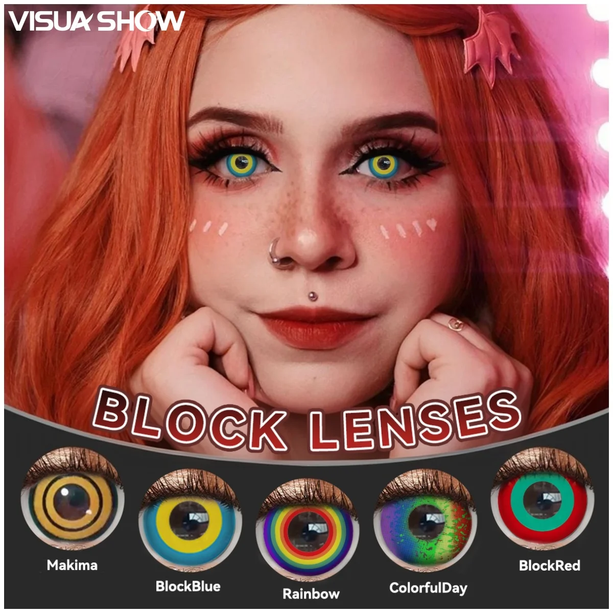VISUASHOW Block Rot Cosplay Farbige Kontaktlinsen Augenfarben-Kontaktlinsen für Cosplay-Partys, Halloween, Weihnachten, Anime-Rollenspiele – Detail 2