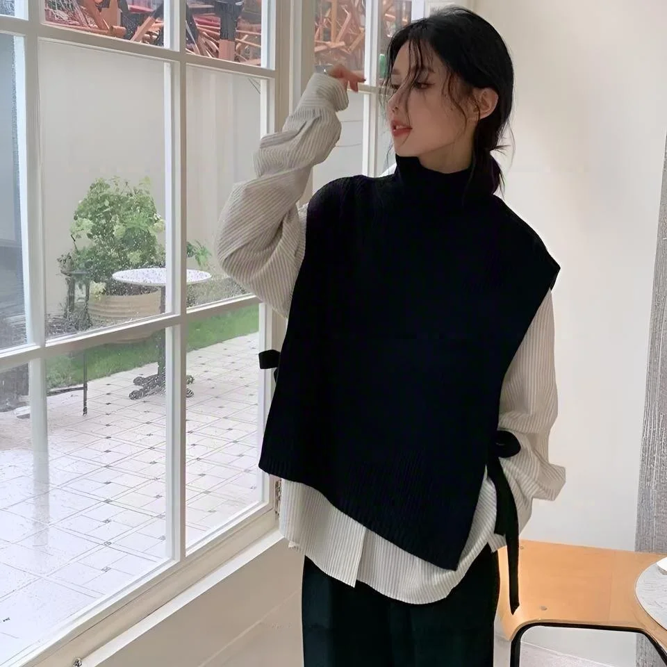 女の子用暖かいベスト-ハイネック-ダブルスリット-マスターデザイン-おしゃれな冬用アウター-快適な柔らかい素材-ポケットスクエア