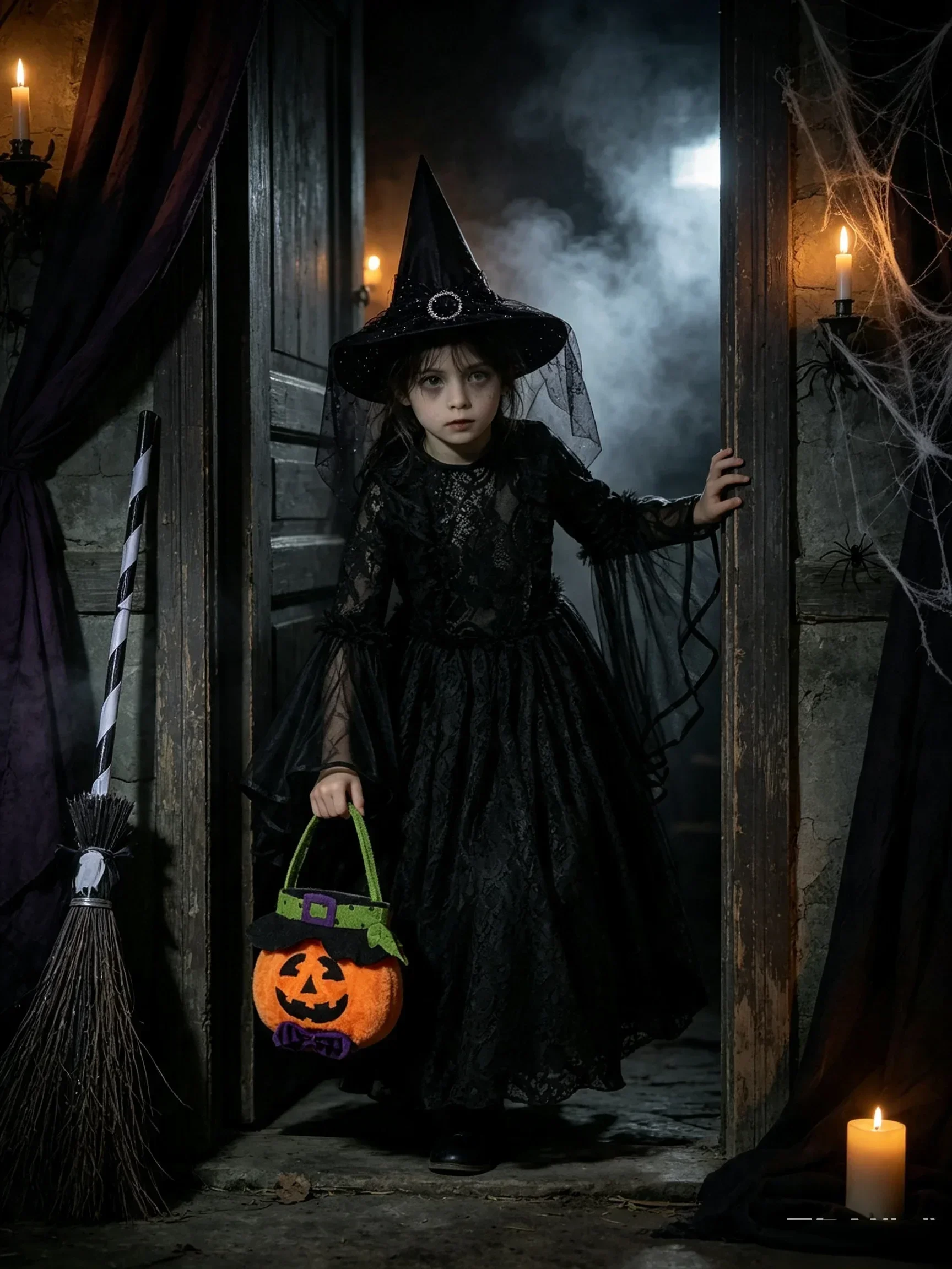 Kinder-Rollenspielkleid für Mädchen, Gothisches Langes Spitzen-Tüllkleid mit Glockenärmeln, Halloween-Cosplay-Kostüm für Party und Verkleidung – Detail 4