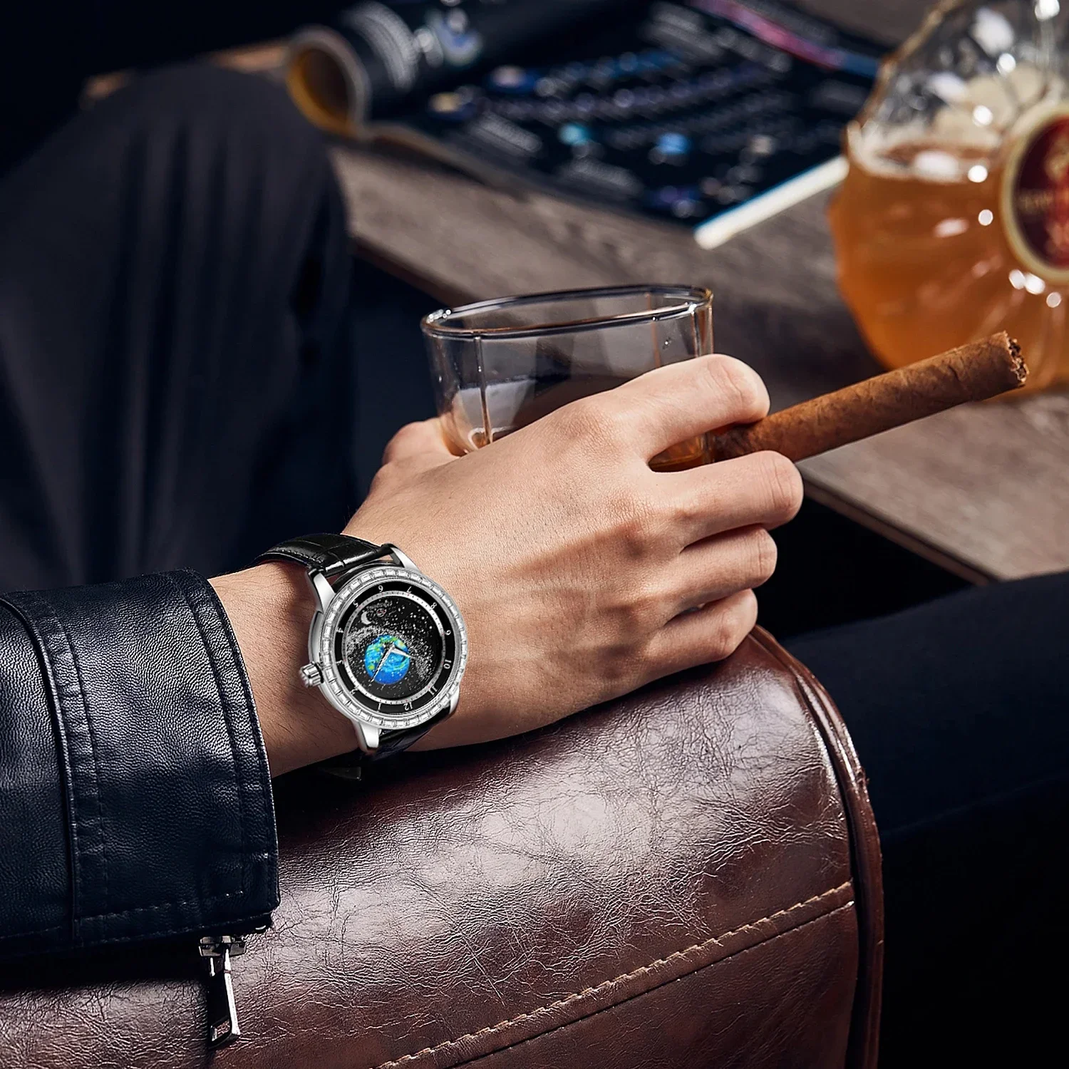 

НОВЫЕ мужские часы FORSINING, оригинальные мужские часы с бриллиантами, вращающимся звездным небом и фазой Луны, автоматические механические кожаные ремешки