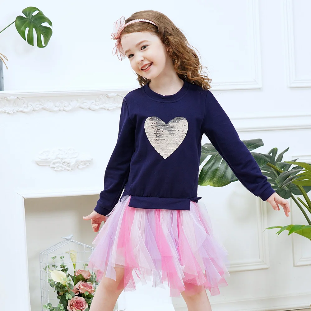VIKITA Mädchen Hoodies Kleid Kinder Herzform Flipable Pailletten Applizierte Patchwork Kleid Mädchen Tüll Mesh Layered Tutu Kleider – Detail 5