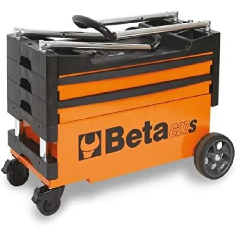 Beta C27S Collapsible Tool Cart, Orange, 4” Steering Casters w/Brake, 110 lb Capacity