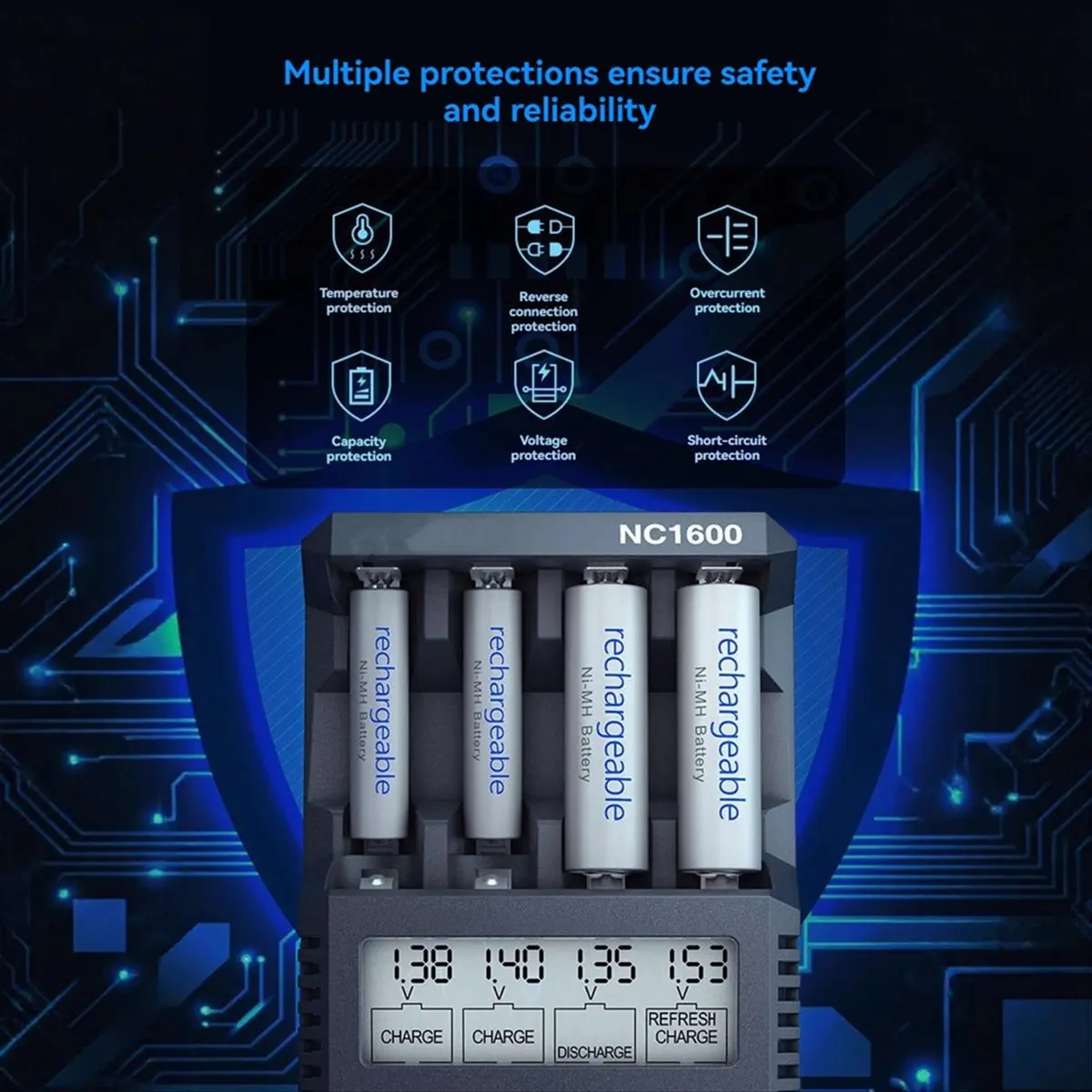 

(Идея подарка) Умное зарядное устройство NC1600 с 4 слотами, 15 Вт, 3000 мАч для аккумуляторов AA/AAA, для зарядки NiMH/NiCD аккумуляторов