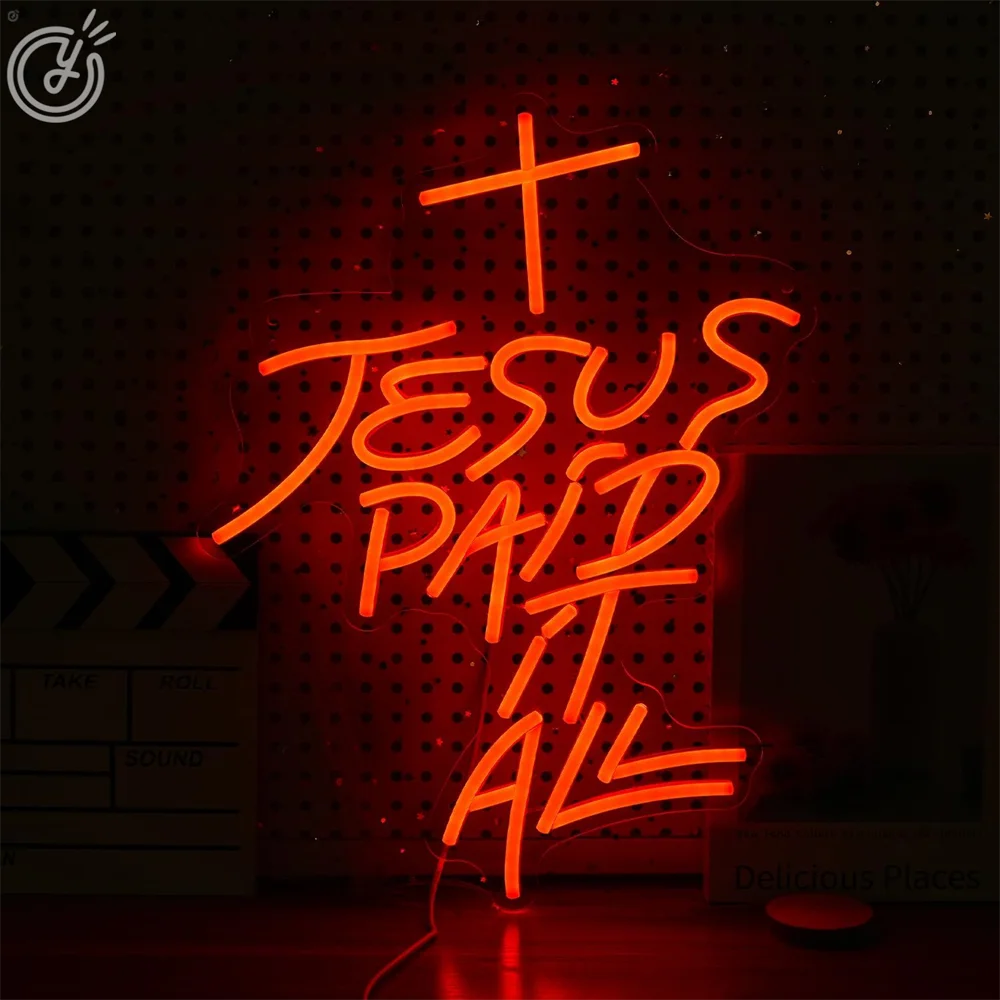 Jesus Paid it All Neon Sign LED Jesus Cross Wall Decor USB Powered for Bedroom Christening Baby Shower Decor Christian Symbol