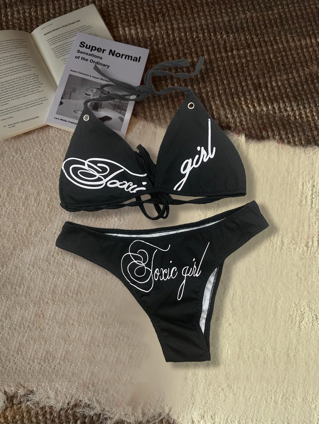 

European and American 2025 Summer Sexy Hot Girl Letter Printed Neck Strap Sexy Fashion Bikini Set