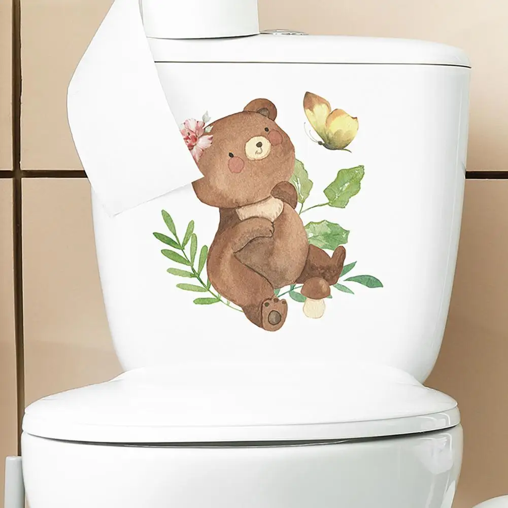 Humid Environment Sticker Whimsical Cartoon Bear Butterflies Toilet Sticker Removable Waterproof Pvc Wall Art for Room Bathroom