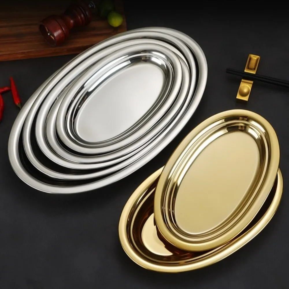 New Korean Style Steamed Fish Plate Oval Shape Gold Silver Dining Plate Stainless Steel Flat Surface Barbecue Plate Kitchen Use