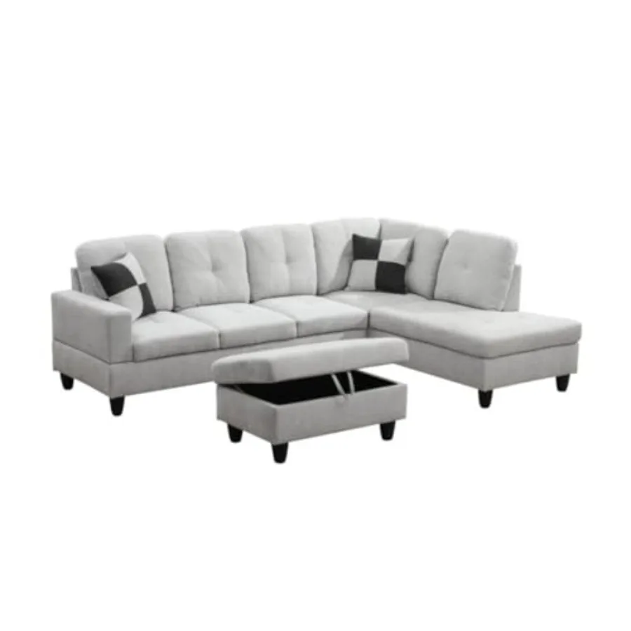 

L-Shaped 3-Piece Flannel Sofa with Storage Ottoman Set, Sectional Couch Sofa Set for Living Room, Office, Small Space, Light Gr