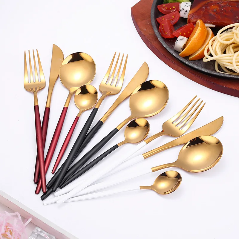 4Pcs Stainless Steel Golden Cutlery Set Black Luxury Dinnerware s Tablewareware Kitchen Fork Spoons Knives