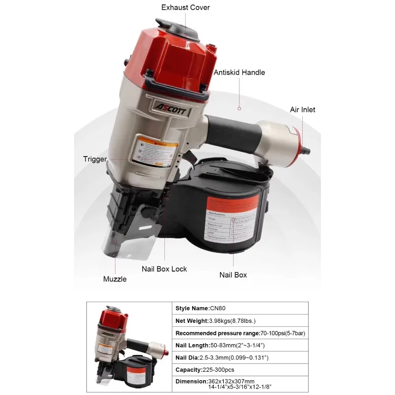 الصناعية و DIY الصف الهوائية CN80 15 درجة لفائف انحياز بائع المسامير الأرضيات الصلبة الهواء لفائف بائع المسامير مع