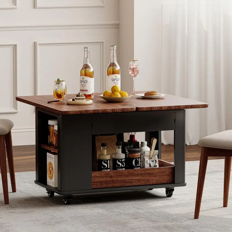Modern Multi-Function Coffee Table with Foldable Top & Wheels, Multi-Tier Storage, Black & Walnut Finish