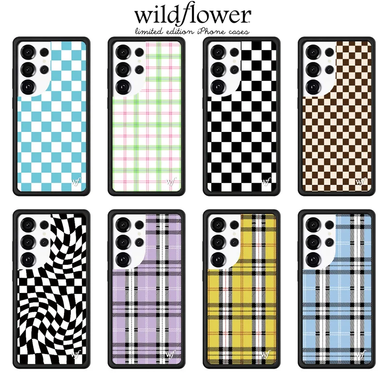 Wildflower ins Blue Plaid Phone Case For Samsung Galaxy S26 S25 S24 S23 Ultra WF Creative Yellow Lattice shockproof Back Cover