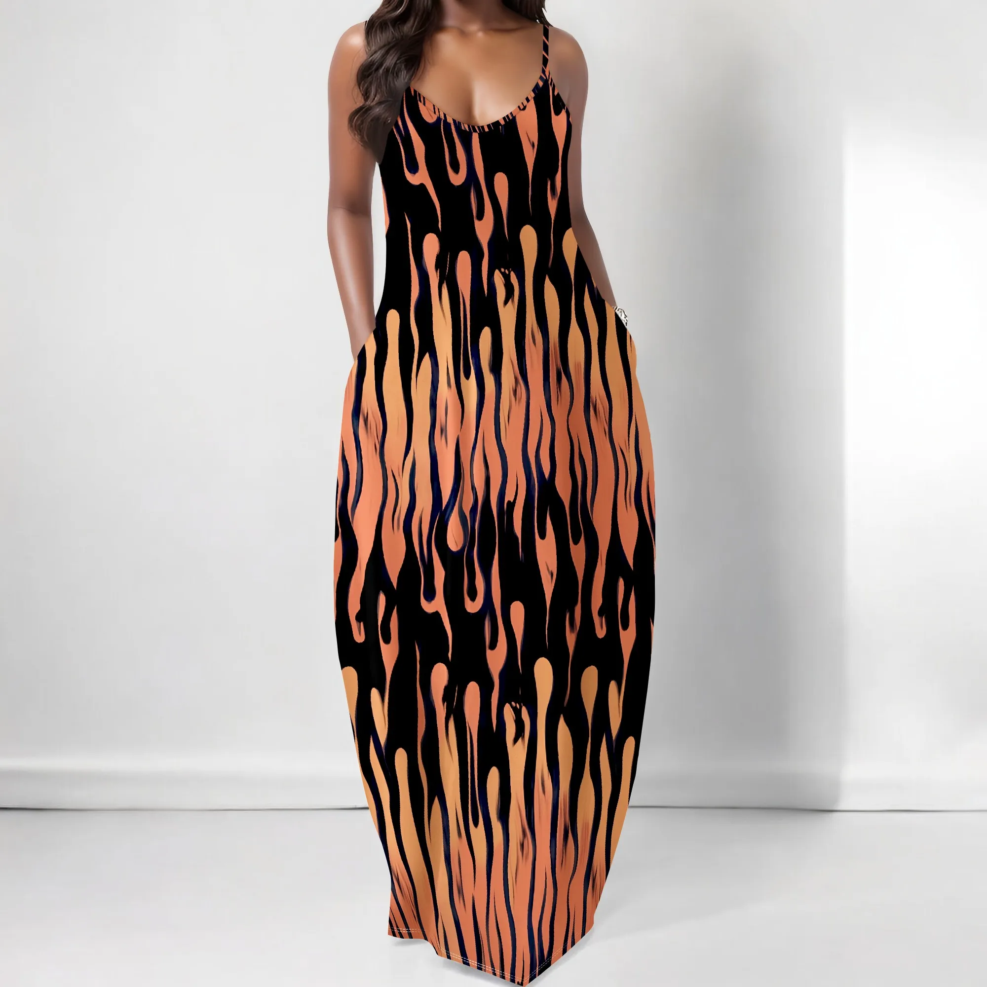 

Women's Summer Flame Print Maxi Dress Casual Sleeveless V-Neck Beach Dress with Pockets XS-3XL