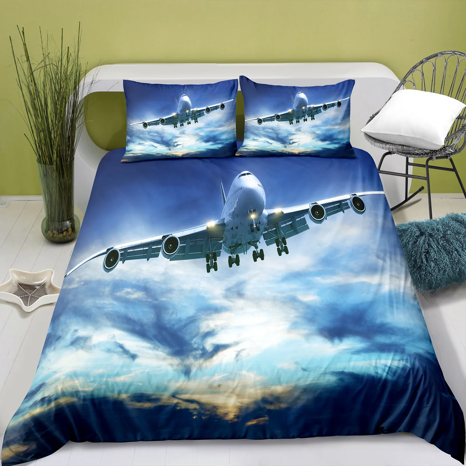 Kids Boys Airplane Duvet Cover King Queen Blue Sky Aviation Aircraft Runway Bedding Set Modern Airplane Polyester Quilt Cover