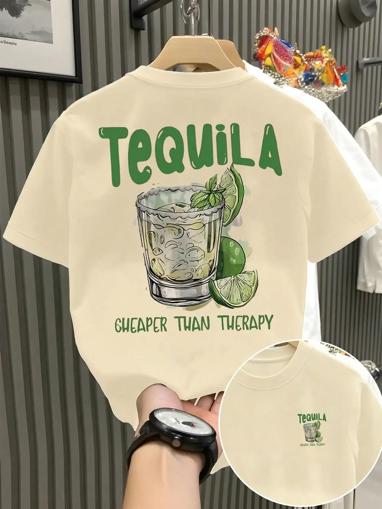 

Men's Plus Size "Tequila Cheaper T-Shirt Than Psychotherapy" | Fun Cocktail Print | Summer Vacation Crew Neck T-Shirt
