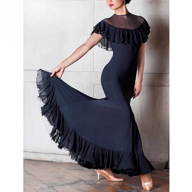 

Customized Modern Dance Dress Ballroom Dance Set Mesh Round Neck Short Lotus Leaf Sleeves Large Swing Skirt Waltz Practice Skirt