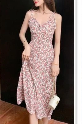 

2026 Summer New Women's Chiffon Dress V-neck Printed High Waist Strap A-line Skirt