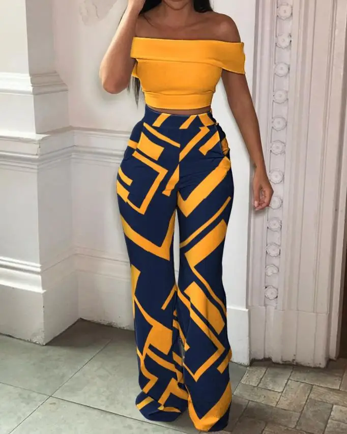 Sexy Elegant Off Shoulder Crop Top & Geo Print Pants Set Womens Two Piece Sets Outfit New Fashion 2024 Summer Casual