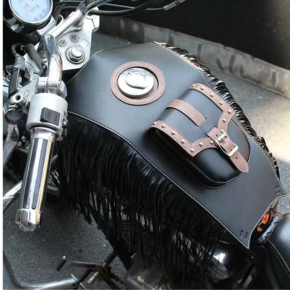 Motorcycle Black Fringed Gas Tank Cover Pouch Bag PU Leather For Harley Honda Suzuki Kawasaki Cruiser Chopper Cafe Racer Touring