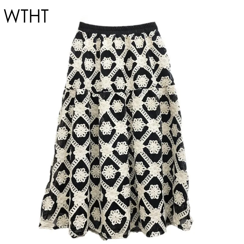 WTHT Trendy Women's Control Color Hook Flower Design Long Skirts 2024 Autumn Fashion Elastic Waist A-line Skirt Female 1LS319