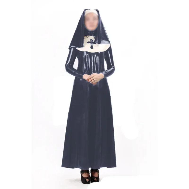 Sexy women nun dress uniform 3 pieces sets wet look PVC faux latex long sleeve maxi dress bib headgear cosplay costume s-7xl