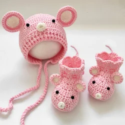 3pcs/Set Handmade Knitted Baby Woolen Hat Caps Mickey Mouse Shoes and Hats Newborn Photography Props Backdrop Studio Accessories