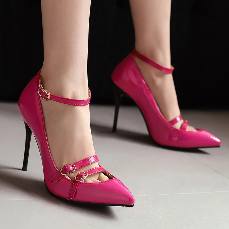 REAVE CAT Sexy Female Pumps 31 32 33 Pointed Toe Stiletto 10cm Ankle Buckle Strap Decoration 49 50 Party Shoes