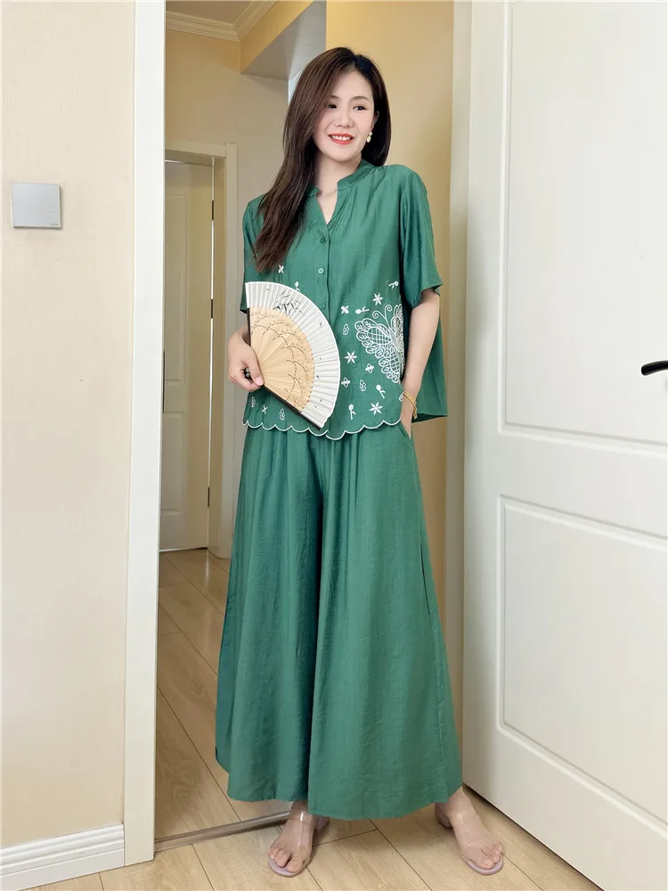 

Large Size Chinese Sle Women's Summer Faion Set High End Anti Aging Wide Leg Pants Cotton Linen Simulation Two Piece Suit