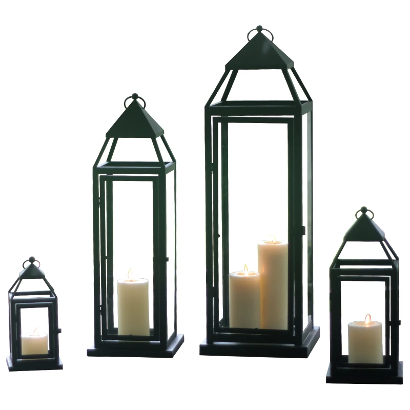 

Gentle Times Storm Lantern Outdoor American Wrought Iron Candlestick Glass Floor Hotel Wedding Decorations