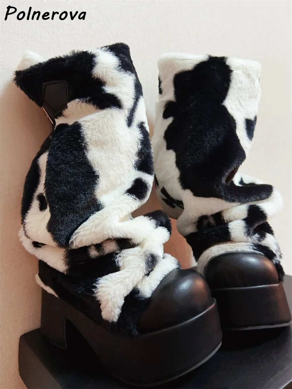 Cow Print Furry Ankle Boots Platform Chunky Heels Black White Slip On Round Toe Warm Shoes Winter Women Lovely Mixed Color Shoes
