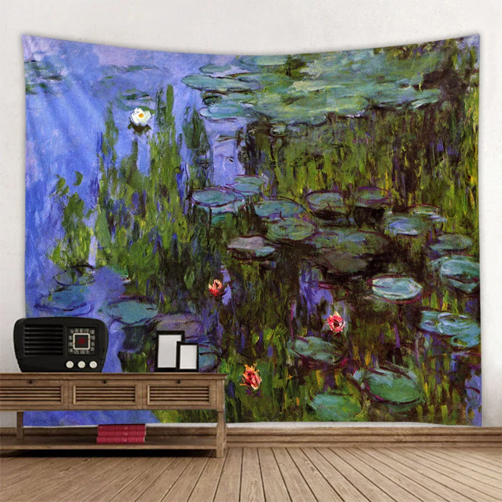 Retro oil painting, water lily print, tapestry, flower and plant wall hanging, home decoration, abstract aesthetic tapestry