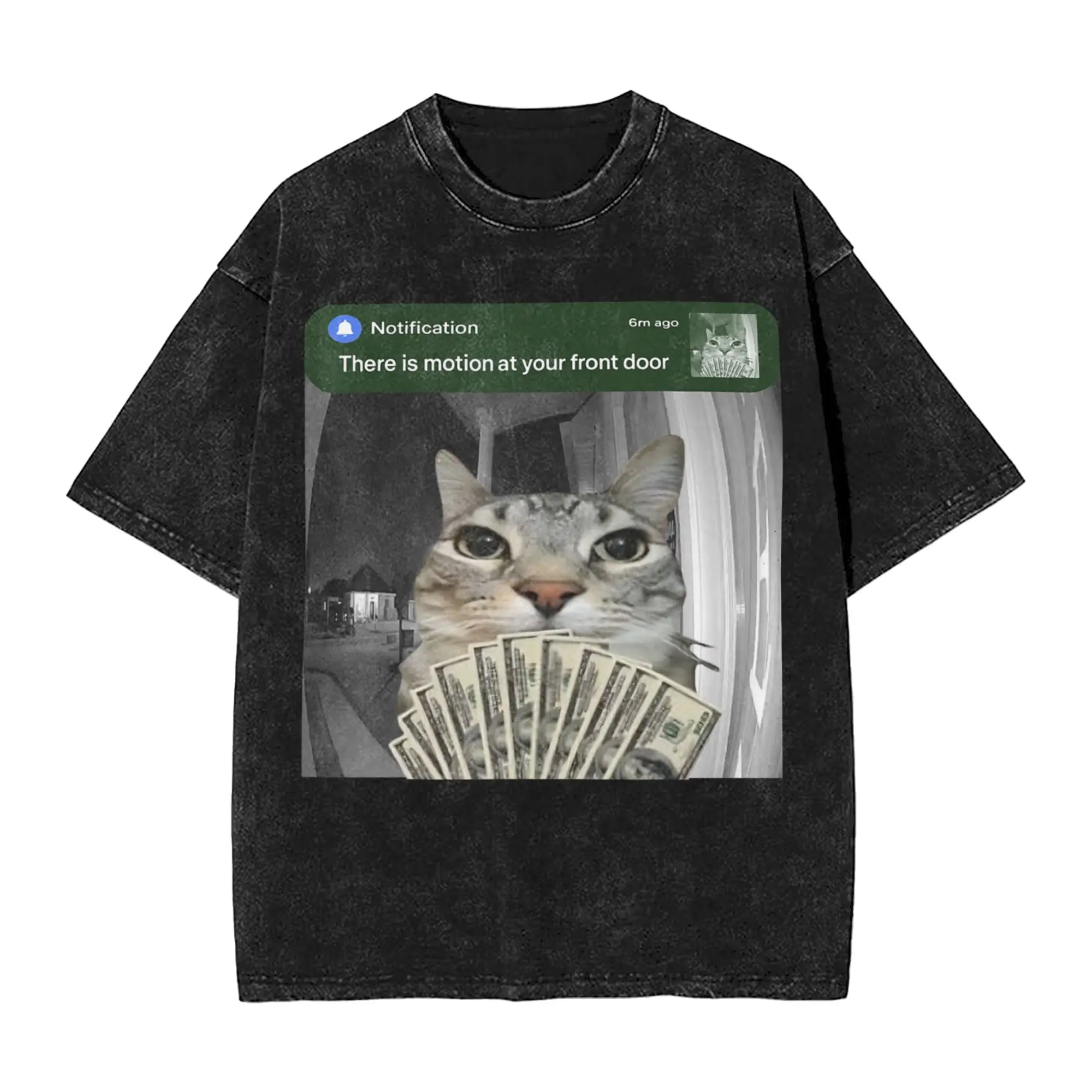 There is Motion at Your Front Door Funny Cat Motion Meme Washed T Shirt Streetwear T-Shirt Tees for Men Women Cotton Printed