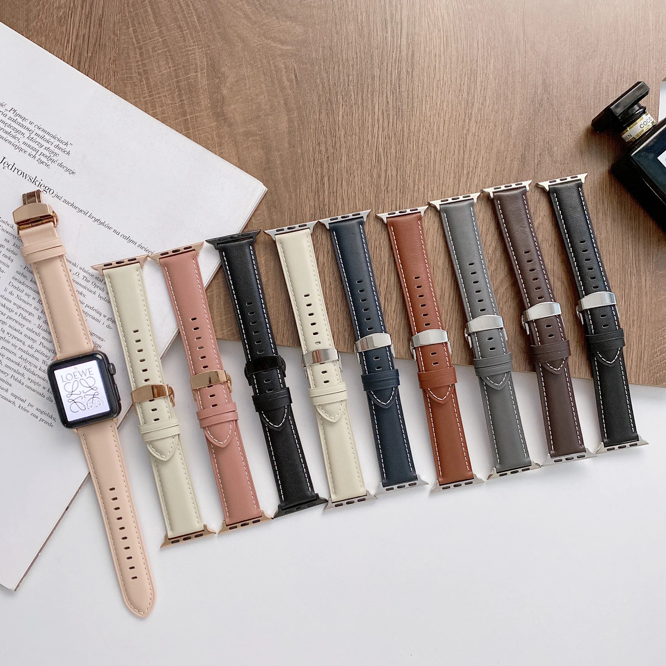 

Premium Leather Strap For Apple watch 7 45mm 41mm Metal Butterfly Buckle Smart Watch band For iwatch 7 6 5 4 3 SE 38/40/42/44mm