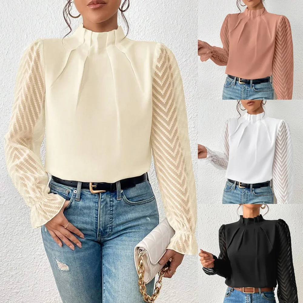 

Mock Neck Tops for Women Mesh Long Sleeve Blouse Neck Smocked Pleated Patchwork Shirt Top