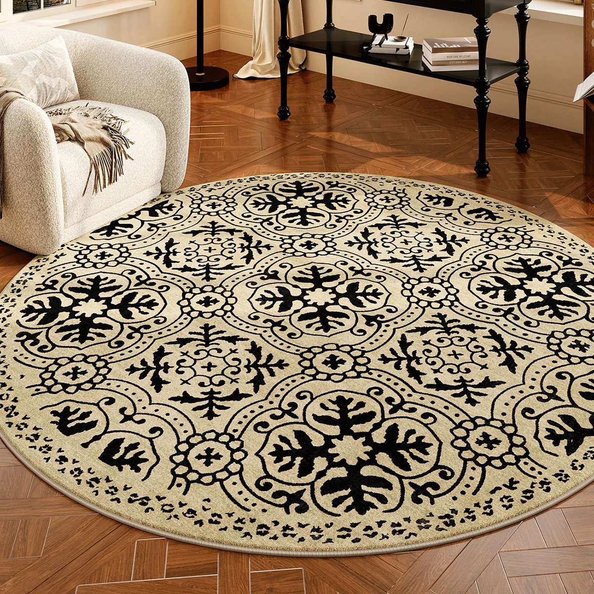French Vintage Round Rug for Living Room Bedroom Floor Mat Light Luxury Non-slip Rugs Short Plush Printed Carpet Room Mats 원형러그