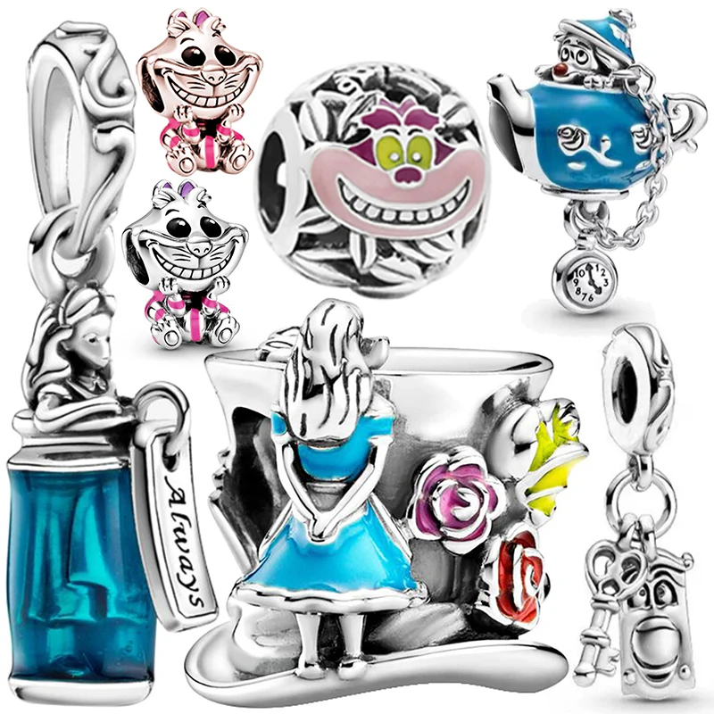 Disney Cheshire Cat Beads for Jewelry Making Fit Pandora Alice in Wonderland & The Mad Hatter Tea Party Charm Bracelet Women DIY