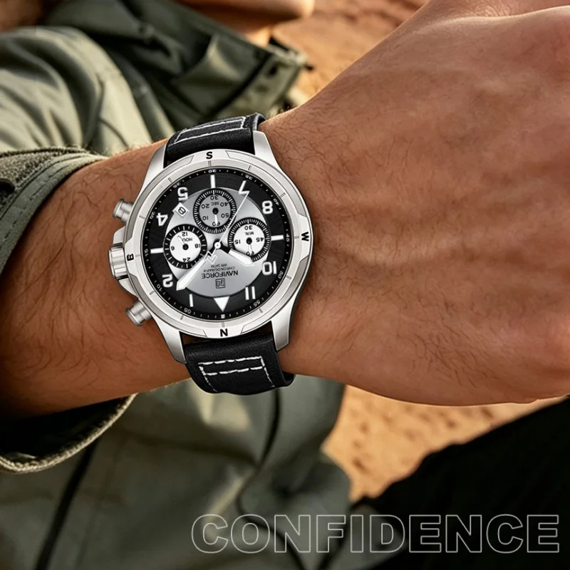 NAVIFORCE Men Casual 24 Hours Chronograph Watch Real Leather Strap Date Luminous 3ATM Waterproof Daily Wear Wristwatch Gifts Box