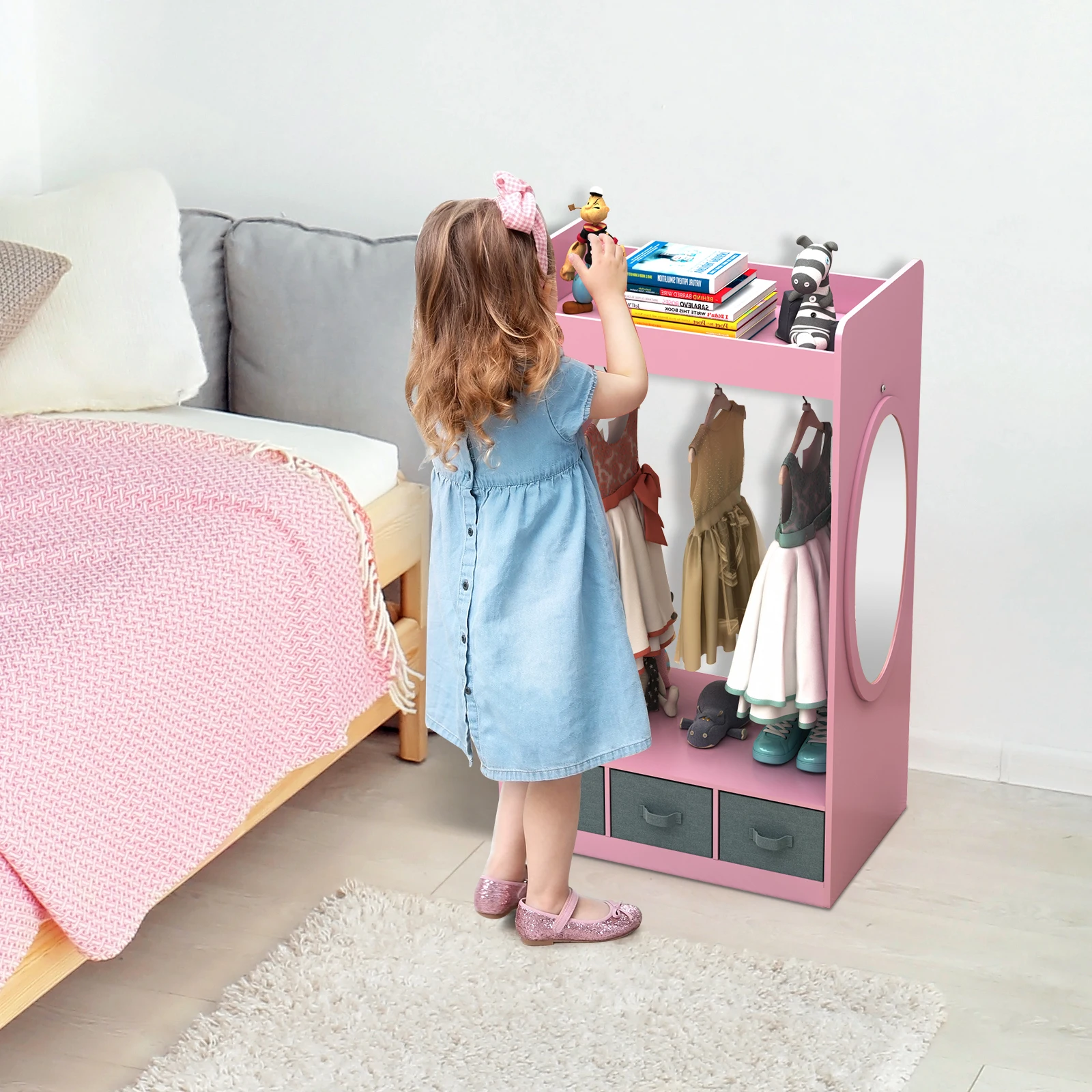 Organizer na kostiumy dla dzieci、 Stojak na kostiumy、Szafa dla dzieci、Open Hanging Armoire Szafa z lustrem-RÓŻOWY