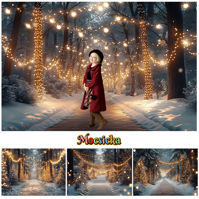 Christmas Night Photography Background Snow Glitter Lights Street Forest Decor Kids Adult Family Portrait Photo Backdrop Studio