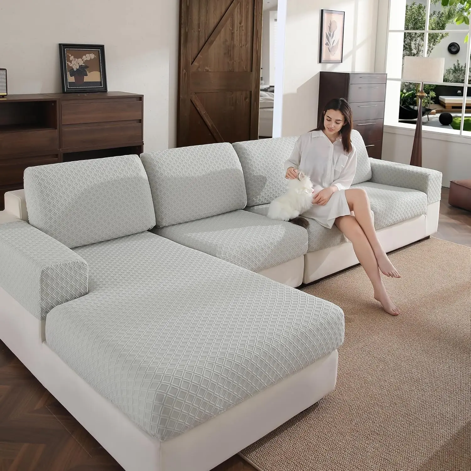 Stretch Sofa Cover, Washable & Stain Resistant, Light Gray Sectional L Shape Slipcover for Home Furniture Protection